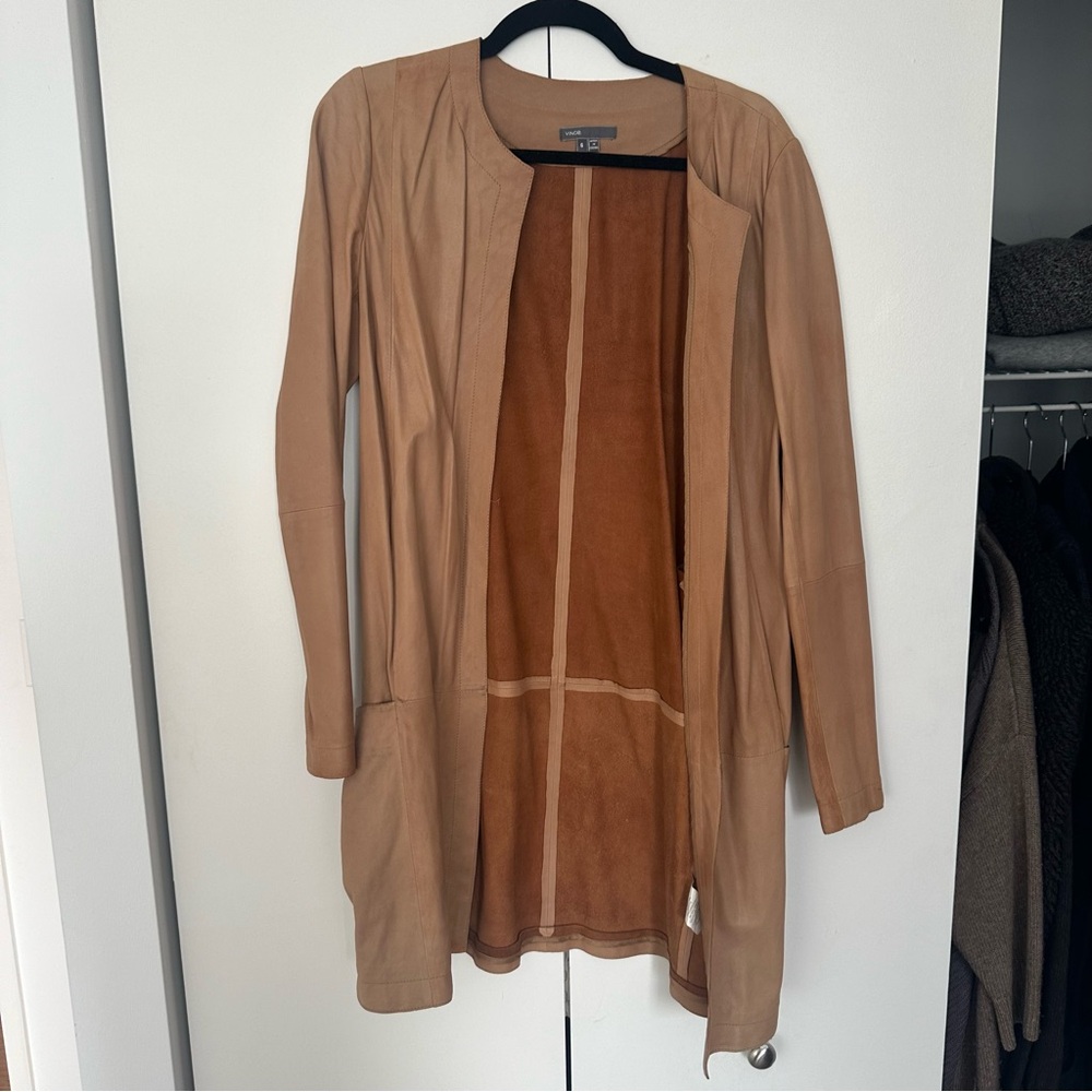 Vince Genuine Leather Lightweight Open Front Collarless Coat - Tan